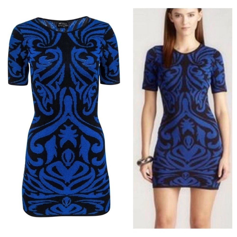 Torn By Ronny Kobo / filigree blue Baroque Bodycon bandage short sleeve Dress m
